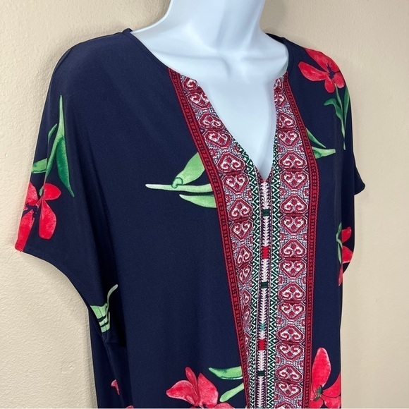 XS Chaps Blue Red Floral Stretch Dress Oversized Fit Pullover Boho Geometric - Picture 3 of 7